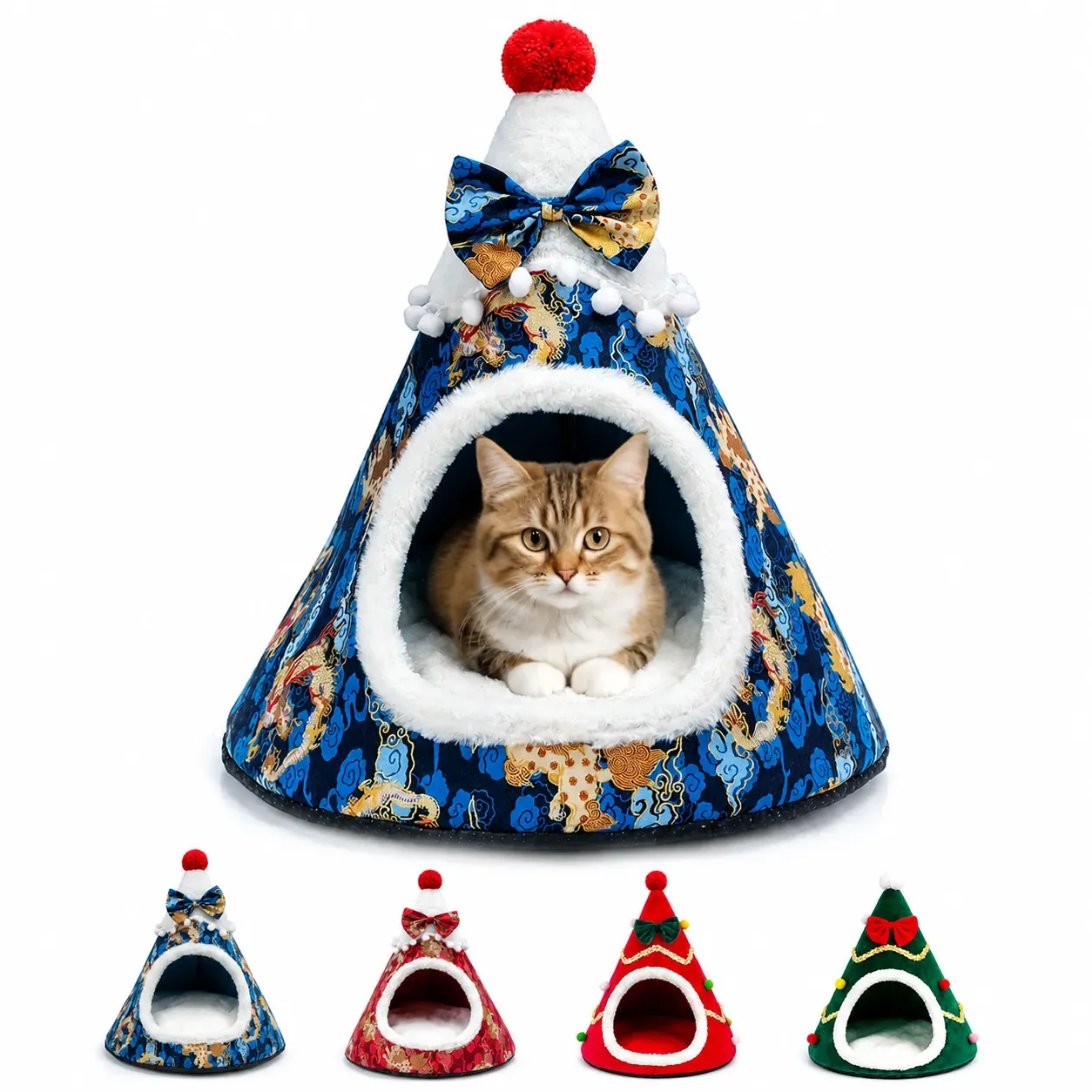 Christmas Tree Covered Cat Bed - Holiday Cave for Indoor Cats